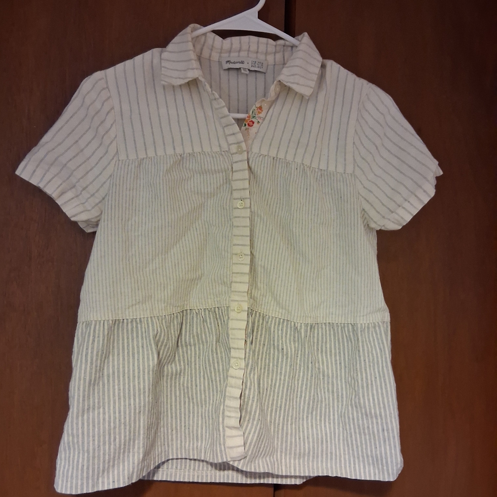 Striped Short Sleeve Button-Up Blouse